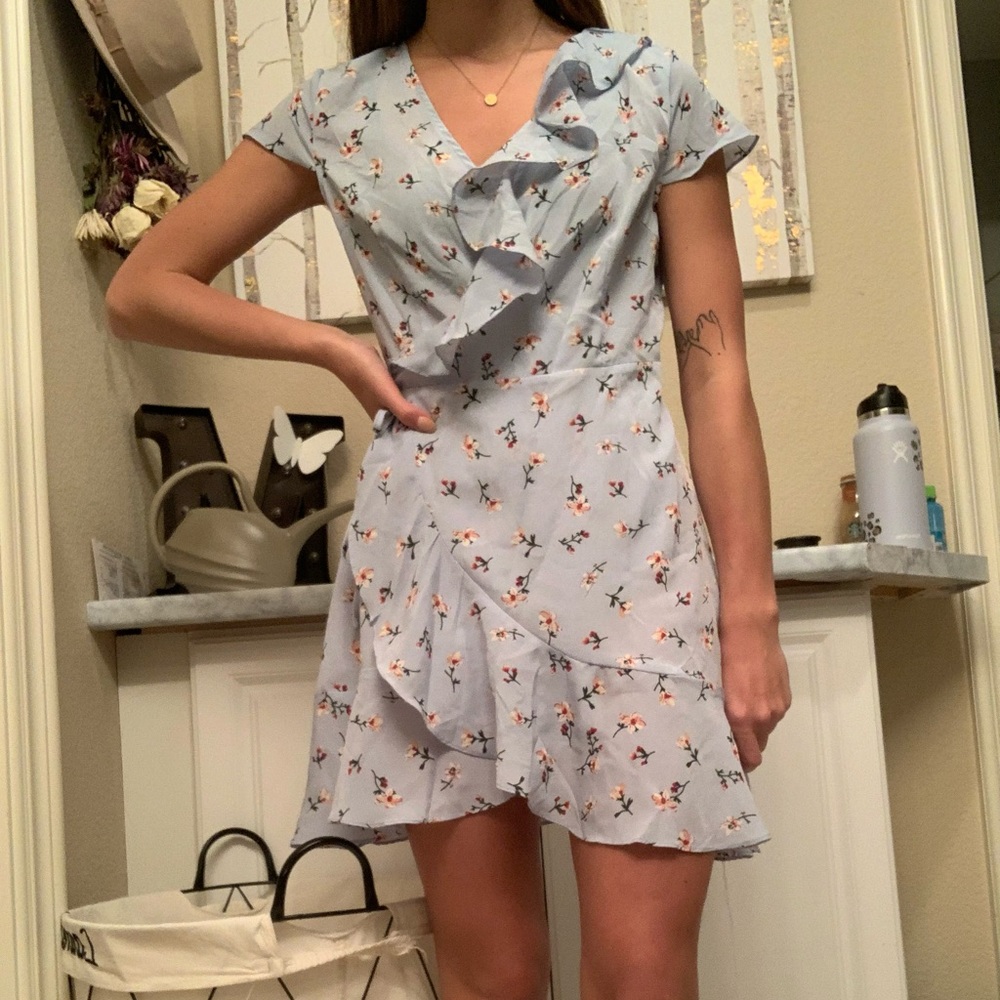 Blue floral ruffle dress.